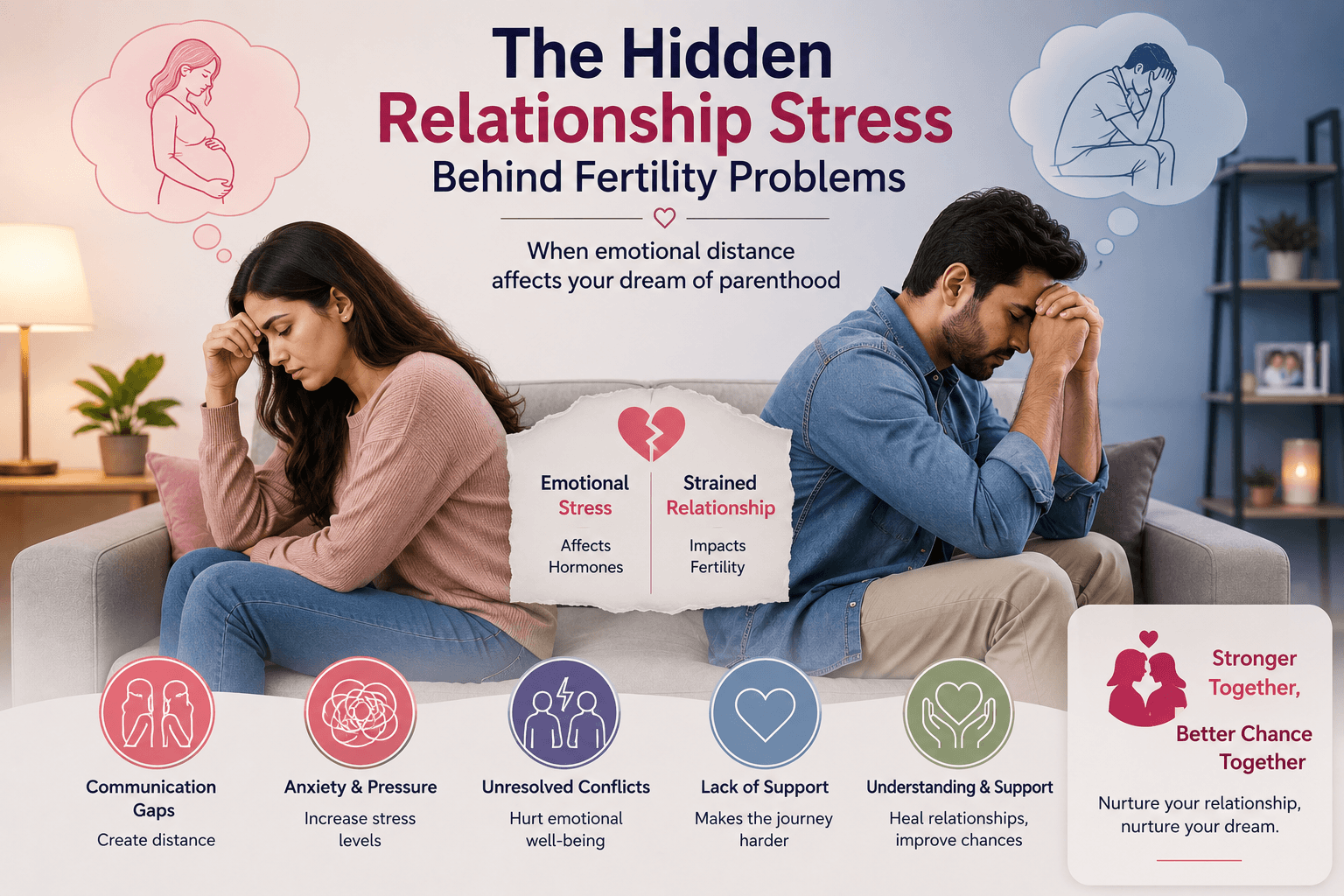 Emotional impact of infertility on relationships, with a couple seeking professional fertility advice.